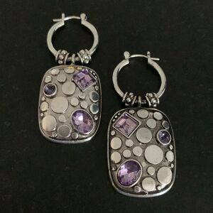Balinese Style Faux Amethyst Crystal Drop Earrings in Silver Tone